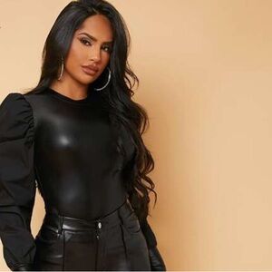 Chic Faux Leather Black Puff Sleeve Top